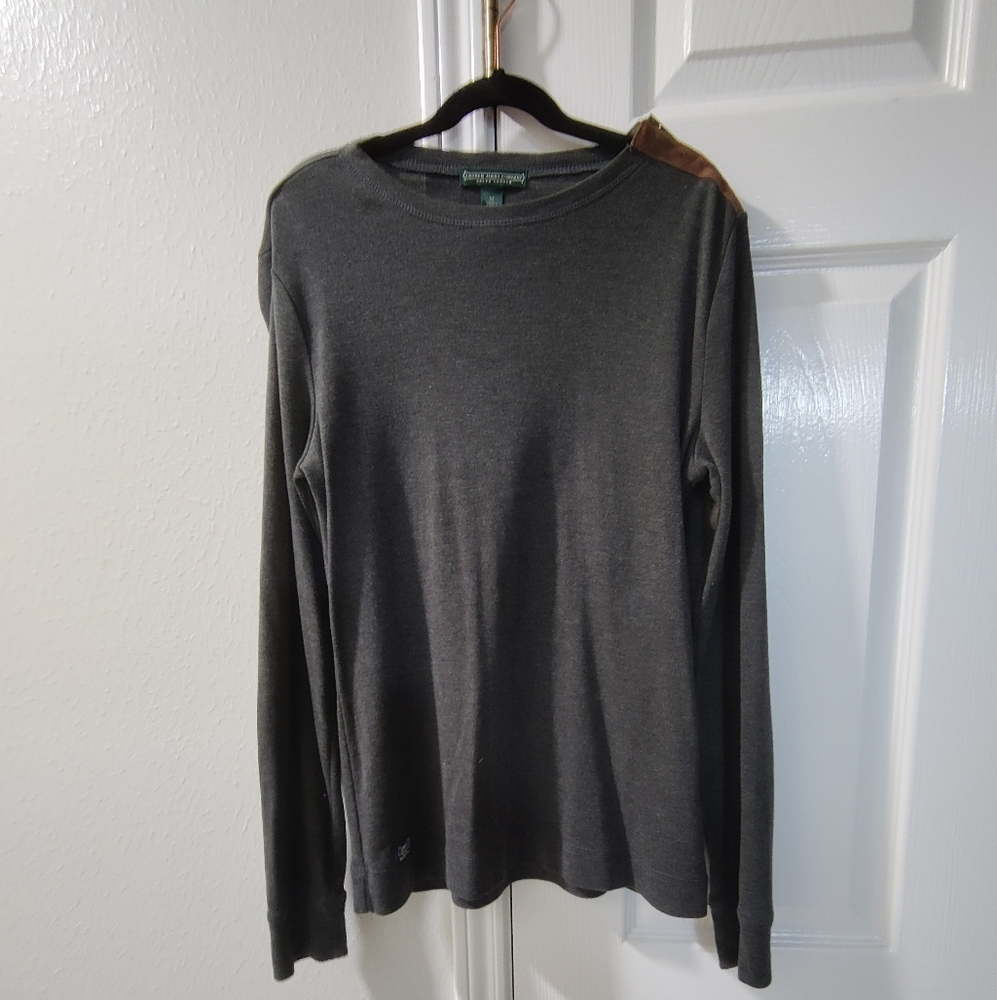 Ralph Lauren Women’s Medium Dark Gray Knit Shirt Brown Leather Accents